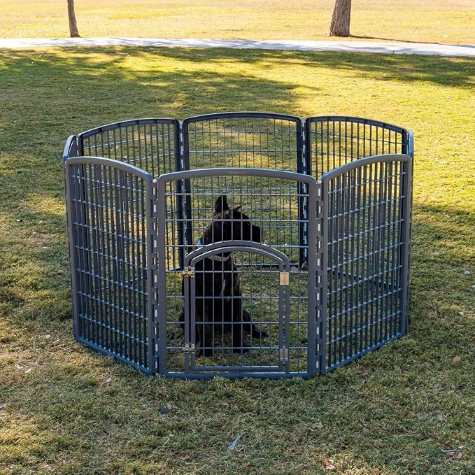 IRIS USA 8-Panel Dog Playpen, Pet Enclosure, Dark Gray | Pet Containment, Configurable Layout, Flexible Boundary, Multi-Shape Setup, Stable Non-Tip Base, Tool-Free Assembly