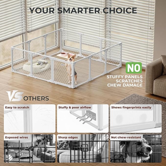 Dog Playpen Indoor, 12 Panel, 24" White Metal Puppy Playpen | Diamond Mesh Chew Resistant, Tool-Free Assembly, Easy Clean, Portable Design, Dog Exercise Pen for puppies and small dogs