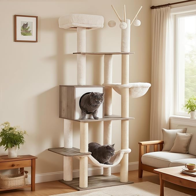Hey-brother Wooden Cat Tree Tower with Hammock for Indoor Cats, MPJ120SG | 66.14 Inches Modern Scratching Post with Large Condo, Plush Top Platform, Cozy Basket, Bed, Hanging Toys, Rustic Gray
