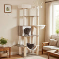 Hey-brother Wooden Cat Tree Tower with Hammock for Indoor Cats, MPJ120SG | 66.14 Inches Modern Scratching Post with Large Condo, Plush Top Platform, Cozy Basket, Bed, Hanging Toys, Rustic Gray