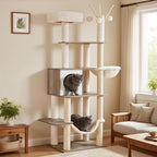 Hey-brother Wooden Cat Tree Tower with Hammock for Indoor Cats, MPJ120SG | 66.14 Inches Modern Scratching Post with Large Condo, Plush Top Platform, Cozy Basket, Bed, Hanging Toys, Rustic Gray