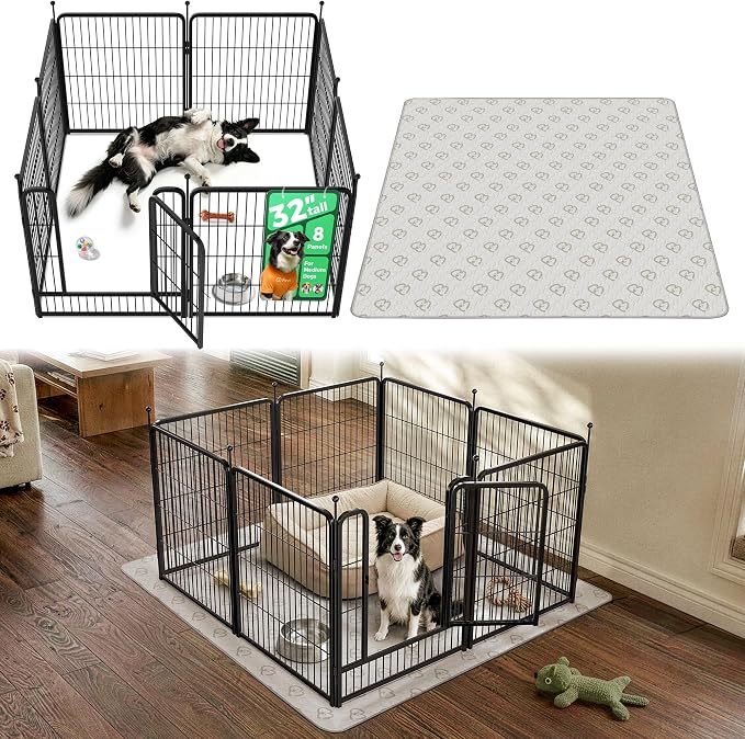 FXW Rollick Unleashed Dog Playpen for Indoor, Yard, RV Camping, 32 inch 8 Panels Dog Pen with Washable Pee Pad for Small and Medium Dogs, Black│Patented