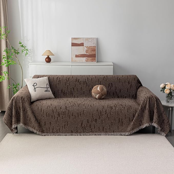 MYSKY HOME Couch Covers for 2 Cushion Couch Sectional Sofa, L Shape Sofa Protector Deep Chocolate Chenille Couch Cover, Sofa Covers Washable Blanket with Tassel Pet Couch Cushion Cover, 71"X102"