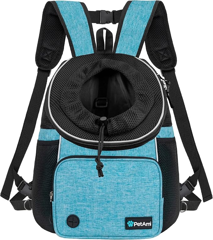 PetAmi Adjustable Cat & Dog Chest Carrier Backpack, Ventilated for Hiking & Camping, Max 15 lbs, Teal Blue
