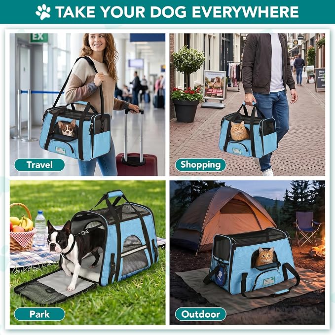 PetAmi Airline Approved Pet Carrier for Cats & Small Dogs, Soft Sided TSA Travel Carrier Bag with Sherpa Bed, Breathable Mesh Ventilation, Collapsible Bowl, Fits Under Seat, Up to 18 lbs, Small Blue