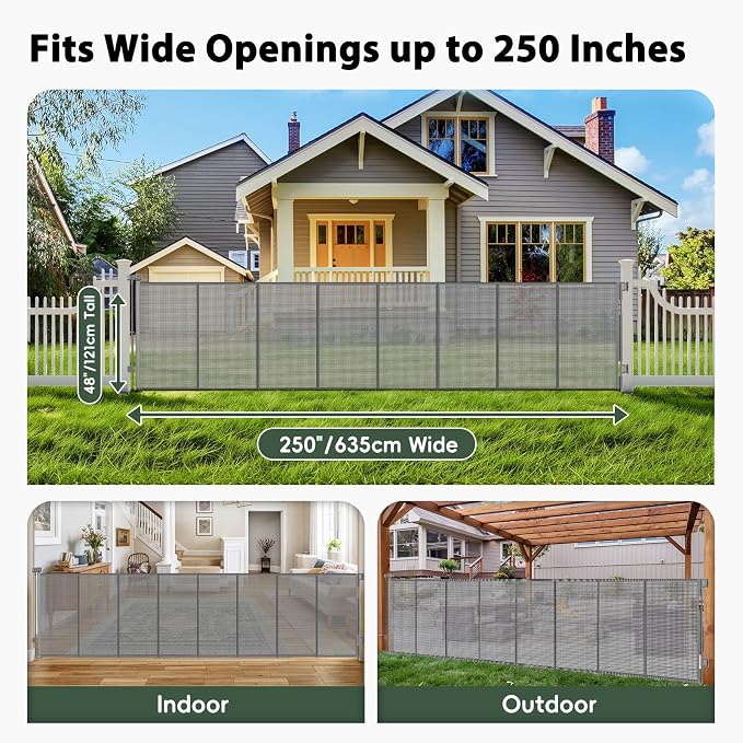 250" Extra Wide Retractable Baby Gates Outdoor Retractable Fence for Garage | 21ft Large Baby Gate Retractable Pet Gates for Wide Openings, 48" Tall Pet Gate Outdoor Retractable Gate Mesh Driveway Fence