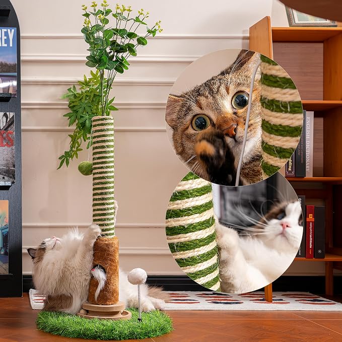Cat Scratching Post 39'' Tall with Interactive Ball & Mouse Hole | For Indoor Adult Cats, Sisal Rope Cat Tree Tower. Kitty Scratcher Furniture with Artificial Grass Tree for Kittens Cat Toys