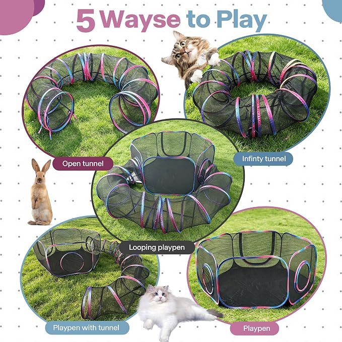 PAWISE Outdoor Cat Enclosure, Cat Tent and Tunnel, Pop Up,Storage Bag | Oxford, 46x46x18in tent, 122in tunnel, includes storage bag