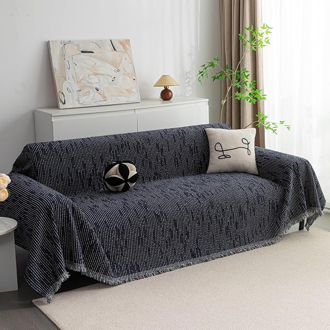 MYSKY HOME Boho Couch Cover Navy Sofa Covers with Tassel Farmhouse Sofa Slipcover Simple Couch Protector for Dogs Chenille Sectional Couch Covers L Shaped Couch Cushion Covers, 91"x 134"