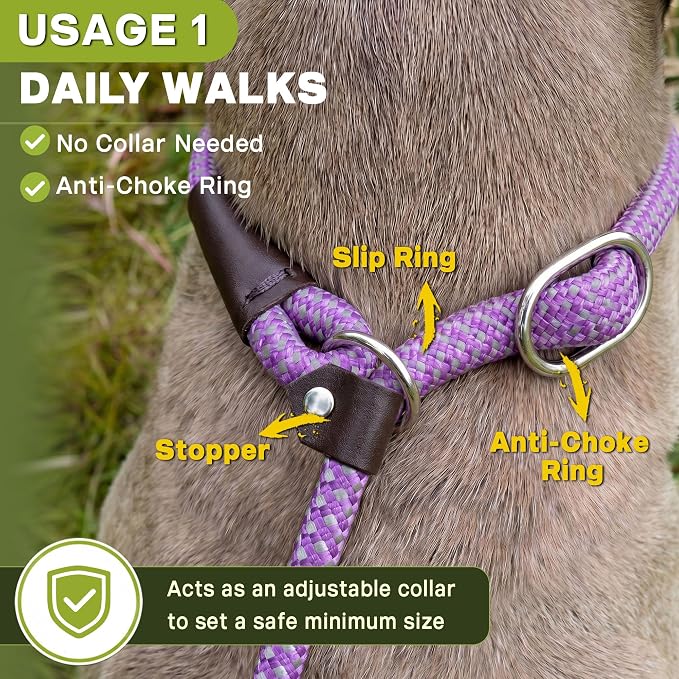 Fida Slip Leads for Dogs, 4 FT x 1/2" Dog Leash Heavy Duty Comfortable Strong Rope Lead for Large, Medium Dogs, No Pull Pet Training Leash with Highly Reflective,Purple