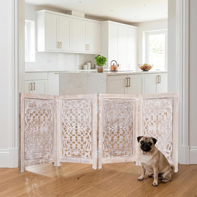 Lightnpro 4-Panel Carved Wooden Dog Gate with Stopper – 72 Inch Extra-Wide Foldable Freestanding Pet Barrier, White Wash Indoor Safety Fence for Small Dogs & Puppies – 24x18 Inch Panels