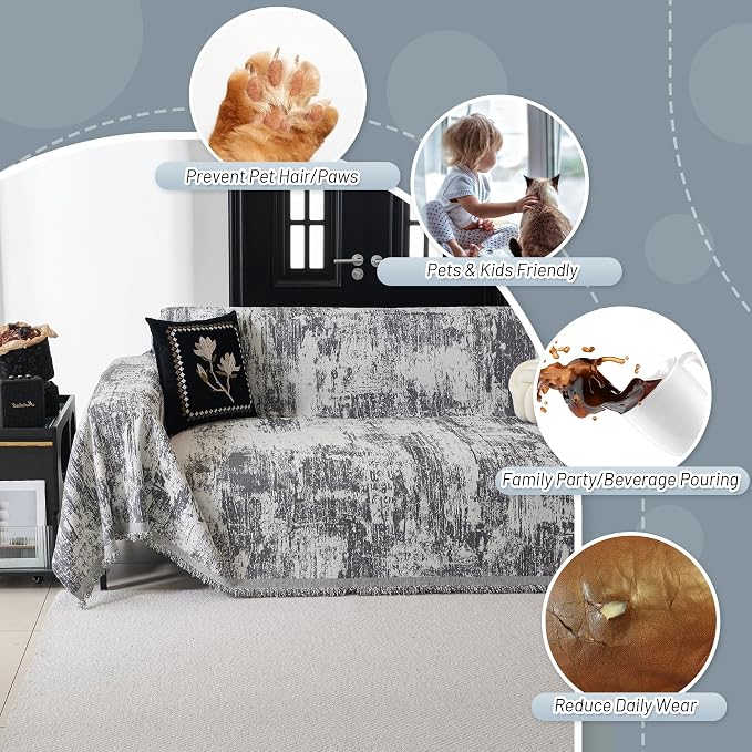 MYSKY HOME Boho Couch Cover for Dogs Washable Deep Grey Abstract Couch Sofa Protector for Loveseat Sofa Pets Friendly Chenille Geometric Sofa Covers Soft Durable Farmhouse Sofa Slipcovers, 71" X102"
