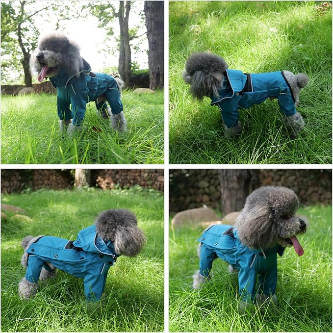 LOVELONGLONG Waterproof Dog Raincoat with Removable Hood – Outdoor Full Body Dog Jacket, Windproof Snowproof Shell Suit – All Season Pet Rain Gear Ocean Teal XS
