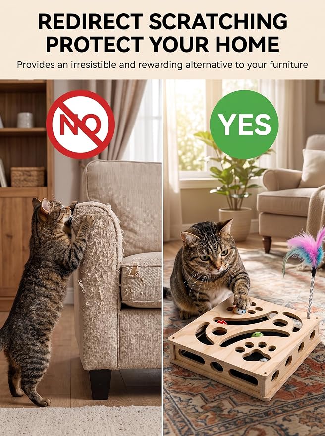 Cat Scratch Puzzle Enrichment Box, Wooden Interactive Toy for Indoor Cat | Cat Nail File Scratcher Box,Feather Wands & 3 Bell Balls, Claw Saver Box with 2 Sandpaper Nail Trim for Cats Kitten