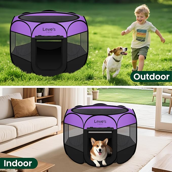 Love's cabin Pet Puppy Dog Playpen, Large Dog Tent Crates Cage Indoor/Outdoor, Portable Playpen for Cat, Foldable Pop Up Dog Kennel Playpen with Carring Case, Removable Zipper Top, Purple