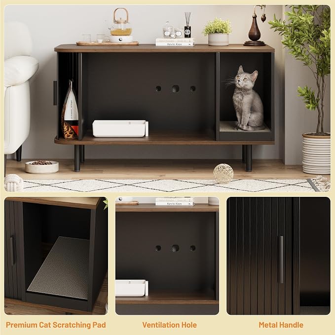 Halitaa 37.4" Cat Litter Box Enclosure with Scratch Pad, Sliding Door | Litter Box Enclosure Furniture Hidden Litter Box, Modern Indoor Cat House, TV Stand, Side End Table for Living Room, Black
