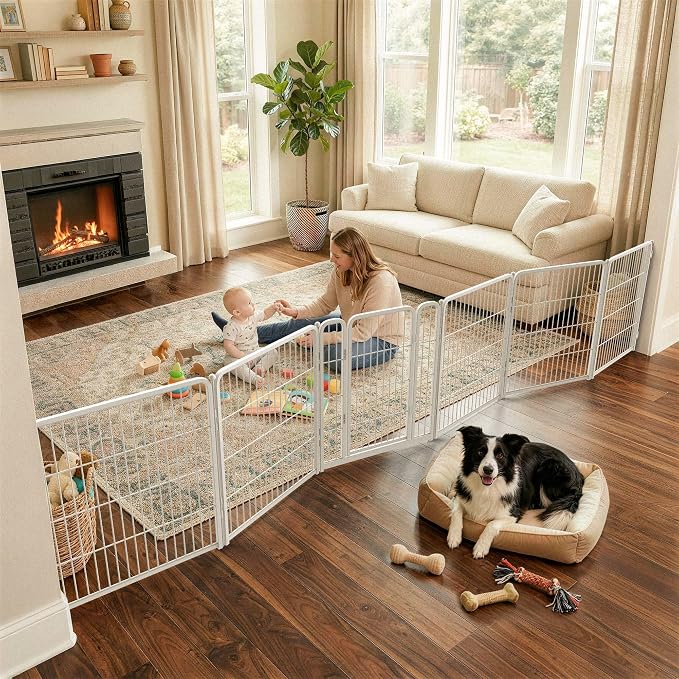 FXW Dog Gate, Extra Wide Adjustable for Openings Up to 165", 32" H | Flexible Space Control, Easy Walk-Through Access, 5 Panels + 1 Gate, For Small & Medium Dogs, Garage Use