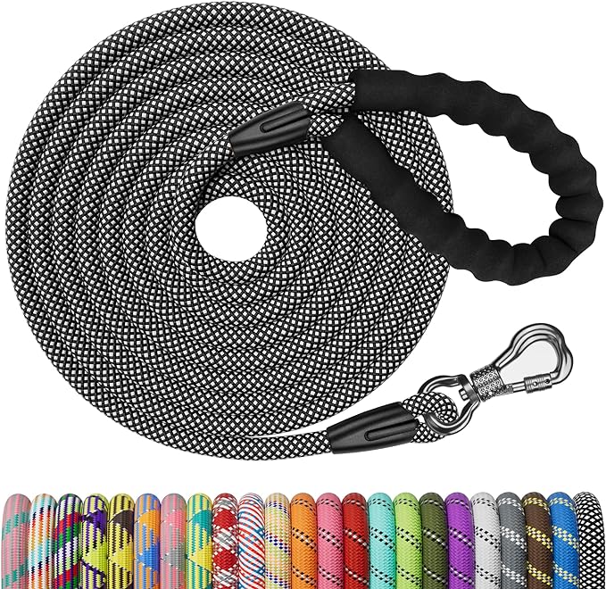 NTR Heavy Duty Dog Leash,15FT Long Rope Leash for Dog Training with Swivel Lockable Hook,Reflective Threads and Comfortable Handle,Dog Lead for Walking,Hunting,Camping for Medium and Large Dog, Black