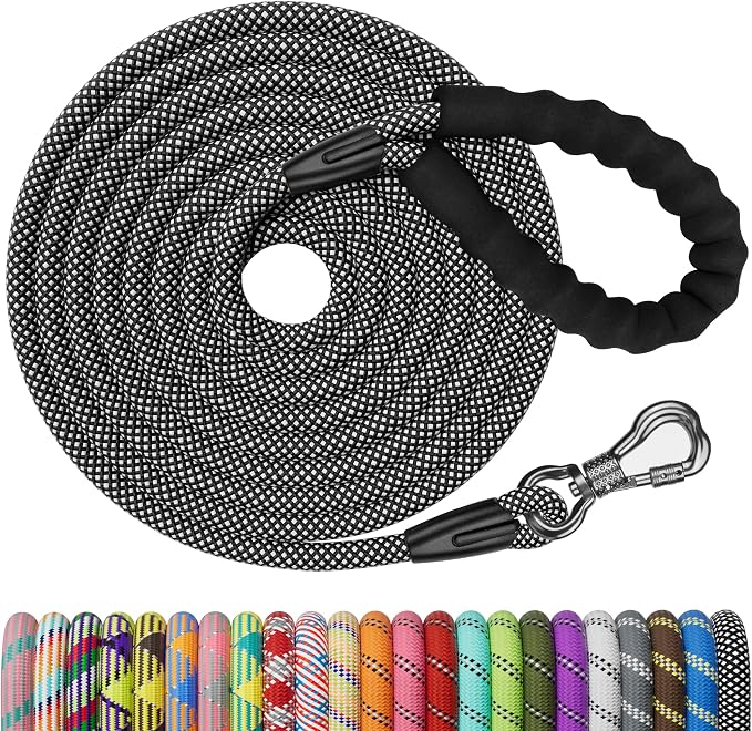 NTR 50FT Long Dog Leash - Black Rope with Swivel Lockable Hook and Comfortable Padded Handle - Dog Training Leash for Walking, Hunting, Camping, Backyard - Suitable for Small, Medium, and Large Dogs
