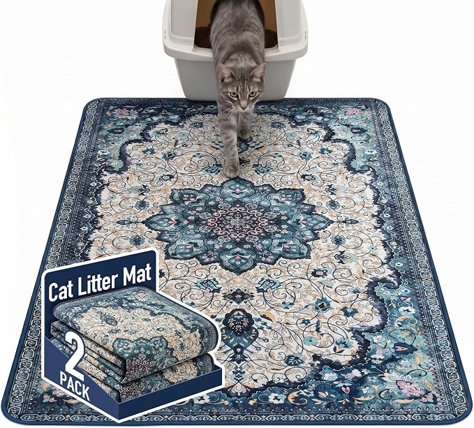 Hompet Cat Litter Mat 2 Pack, 48x60 Large Machine Washable Trapping Mats for Cats, Super Absorbent & Urine-Proof Cat Litter Box Mat for Floor, Waterproof & Non Slip Kitty Litter Rug