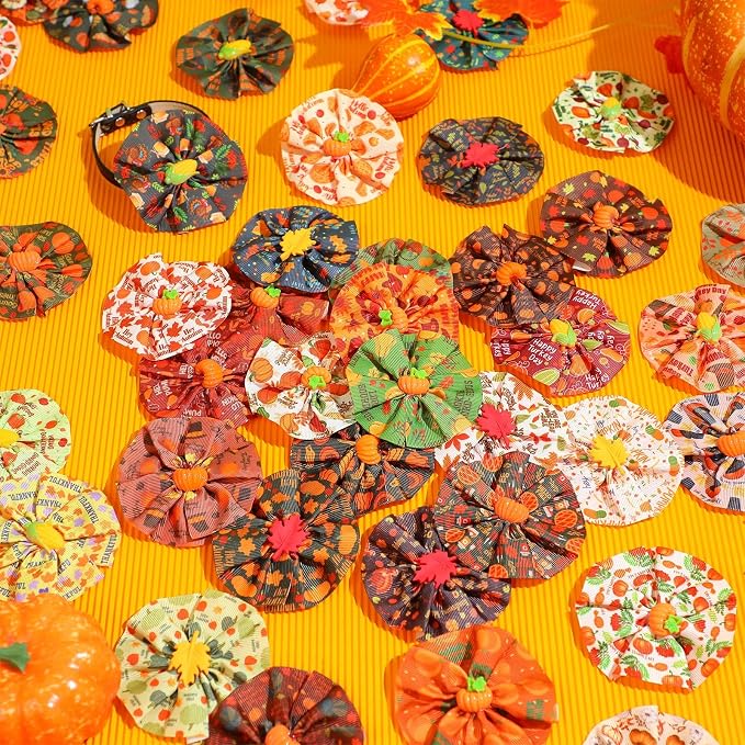 100 Pcs Fall Dog Collar Flowers Charms Bulk Thanksgiving Pet Flower Collar Bow Ties Holiday Dog Accessories Grooming Supplies Puppy Bows Slides Attachment for Small Medium Large Dogs Cat