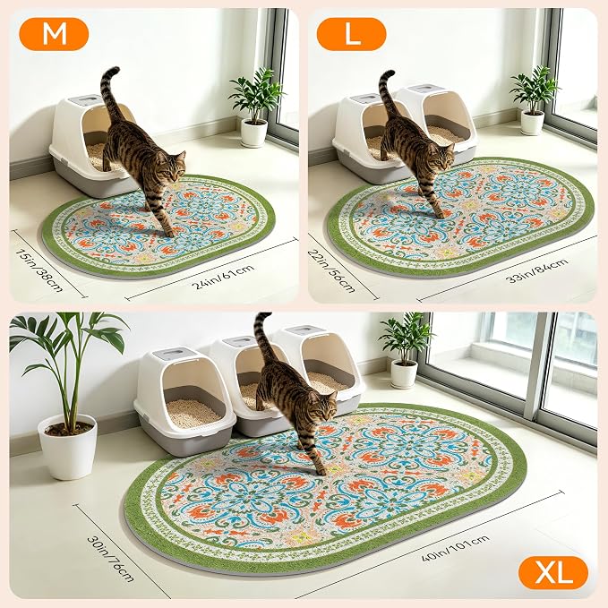 Cat Litter Mat, 33"x22" High Density PVC Litter Trapping Mat, Non-Slip, Waterproof & Urine-Proof Litters Catcher Mats, Keep Floor Clean, Soft on Kitten Paws, Cat Essentials Bean Green