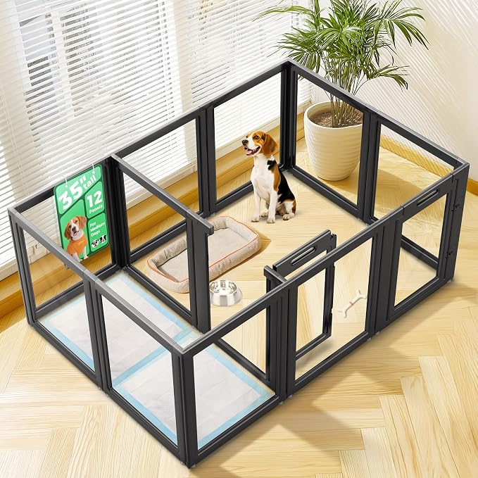 FXW AuraSpace Clear Acrylic Indoor Dog Playpen, 35" H, 12 Panels, Black | Open View, Modern Home Fit, No Climbing Bars, Tool-Free Setup, For Medium Dogs