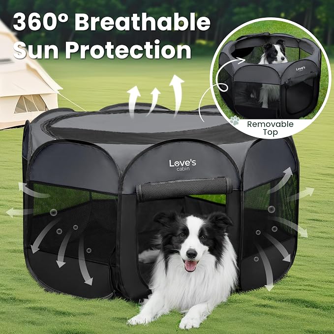Love's cabin Pet Puppy Dog Playpen, Large Dog Tent Crates Cage Indoor/Outdoor, Portable Playpen for Cat, Foldable Pop Up Dog Kennel Playpen with Carring Case, Removable Zipper Top, Dark Grey