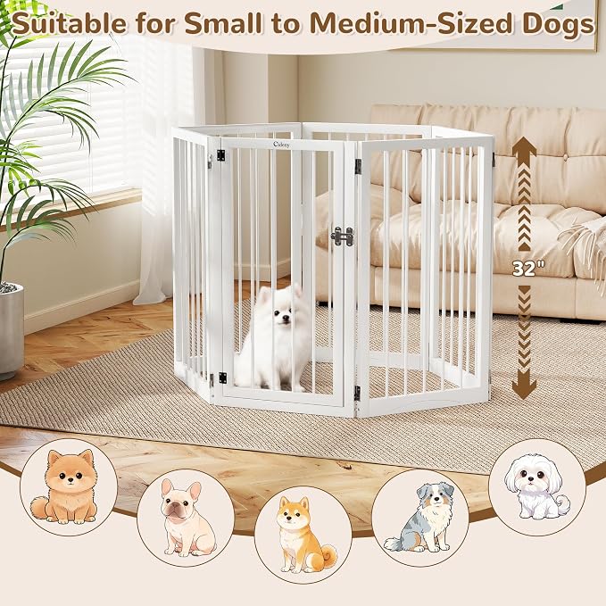 32" Extra Tall Free Standing Dog Gate Indoor, Foldable Pet Gate | for Doorways Stairs, 6-Panel Dog Gate with Door No Drilling, Folding Puppy Gate with Support Feet for Stability, 106"x32"