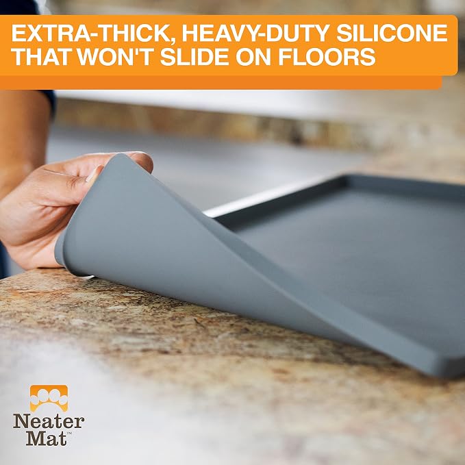 Neater Pet Brands Neater Mat Cat & Dog Food Mat, Waterproof & BPA-Free Silicone Placemat with Raised Edge for Under Food and Water Bowls, 19" x 12", Gunmetal Grey