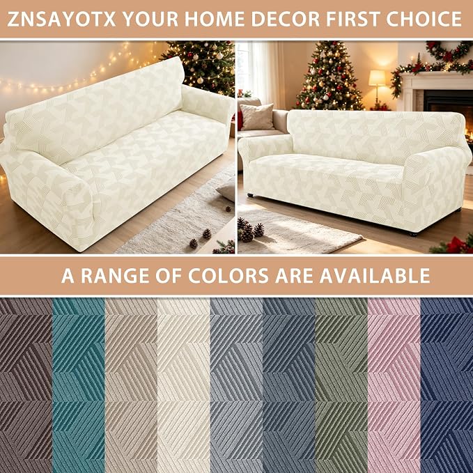 ZNSAYOTX Stretch Oversized Couch Covers for 3 Cushion Couch, 1-Piece Extra Large Sofa Cover Slipcover, Furniture Protector with Elastic Bottom Geometrical Jacquard Fabric (X-Large, Beige)