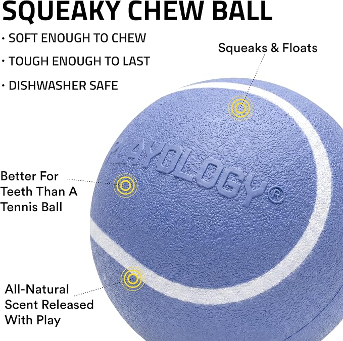 Playology Dog Toys | Squeaky Chew Ball for Dogs, Value 3-Pack | Blueberry Scented Small Dog Balls | Bouncy Floating Chew Toys for Fetch