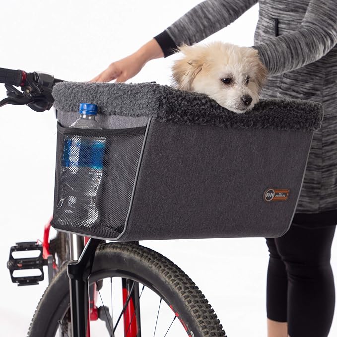 K&H Dog Bike Basket, Travel Bicycle Basket for Pets, Front Mount, 16x12x10 | Cat & Small Dog Carrier for Bike, Bicycle Basket with Safety Leash, Soft Fleece Washable Liner, Heavy Duty Metal Frame