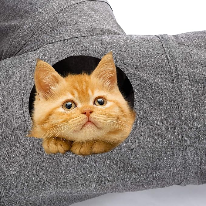 Ownpets 10" Large Cat Tunnel 3-Way T-Shape Oxford Fabric for Large Cat | Silent oxford fabric no noise, expandable 3-channel design, with plush ball ,feather wand, peek hole, for multi-cat household