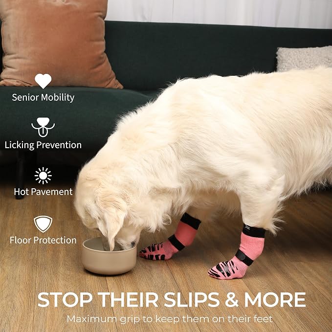 DOK TigerToes Premium Non-Slip Dog Socks for Hardwood Floors - Extra-Thick Grip that Works Even When Twisted - Prevents Licking, Slipping, and Great for Dog Paw Protection (Sassy Pink, Large)