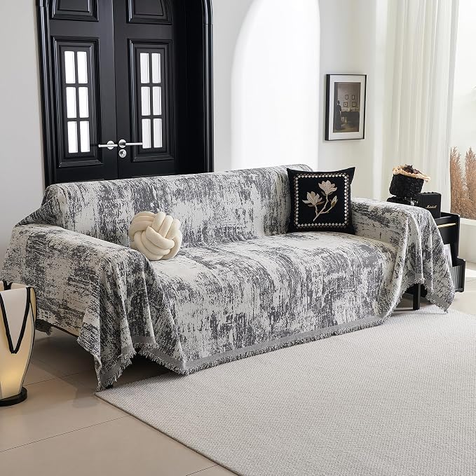 MYSKY HOME Sectional Couch Cover Deep Grey Abstract Geometric Sofa Covers for Sectional Sofa L Shape Chenille Couch Protector for Dogs Pets Couch Throw Cover Washable Durable for Home Decor, 91" X134"