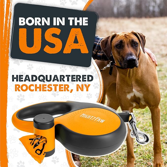 Mighty Paw Retractable Dog Leash with Poop Bag Holder, 16 Ft | Quick-Lock Brake, For Pets Up To 50 Lbs, Stainless Steel Coil, Reflective Nylon Tape, Tangle-Free Swivel Clip