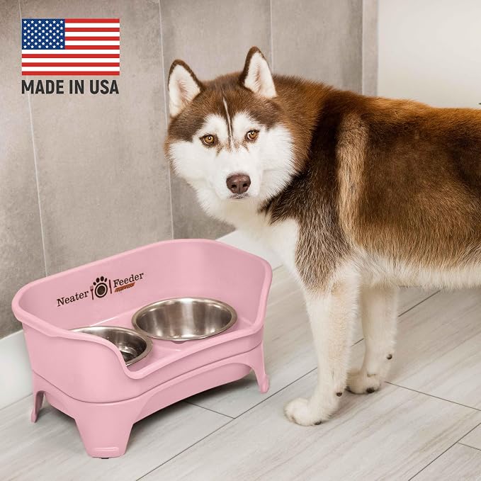 Neater Feeder - Express Model w/Slow Feed Bowl - Mess-Proof Dog Bowls (M/L, Pink) Made in USA – Elevated, No Spill, Non-Tip, Non-Slip, Raised Stainless Steel Food/Water Pet Bowls Aid Digestion