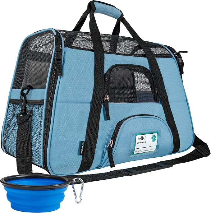PetAmi Airline Approved Pet Carrier for Cats & Small Dogs, Soft Sided TSA Travel Carrier Bag with Sherpa Bed, Breathable Mesh Ventilation, Collapsible Bowl, Fits Under Seat, Up to 18 lbs, Small Blue