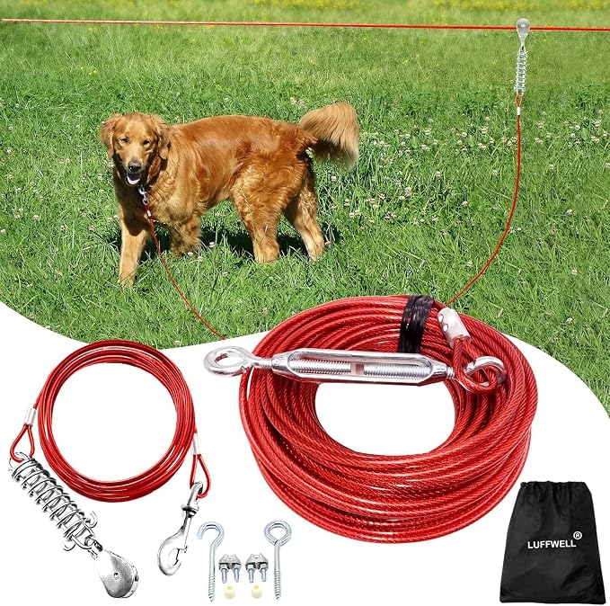Dog Runner for Yard, Trolley System, 50FT+10FT, Red | Chew-resistant Cable, Shock Spring Softens Pulls, 360° Swivel Reduce Tangles