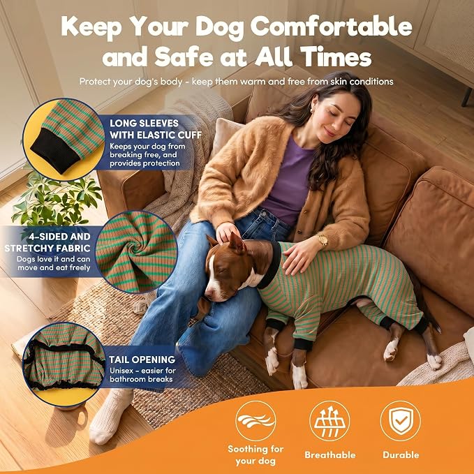 LovinPet Big Dog Pajamas, Cotton Brown and Green Stripe Dog Shirt, Stop Shedding for Dogs, Pet Pajamas for Dogs, UV Protection, Pitbull Clothes, Pet PJ's, M