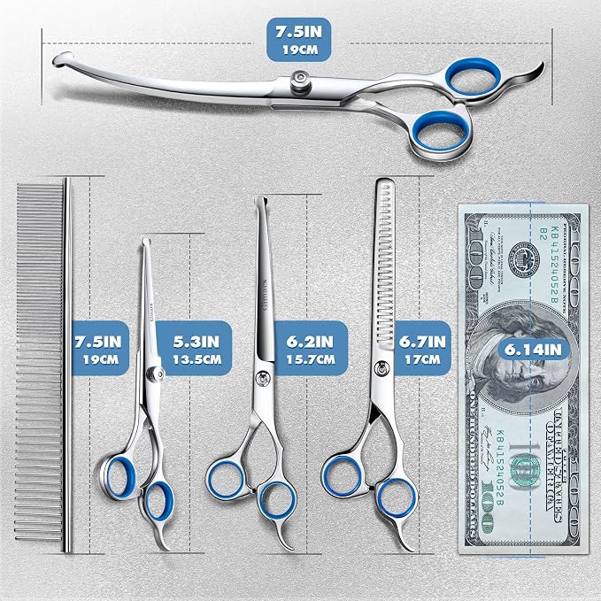 Gimars Titanium Coated Professional 6 in 1 4CR Stainless Steel Dog Grooming Scissors with Safety Round Tip, Heavy Duty Pet Grooming Scissor for Dogs, Cats and Other Animals