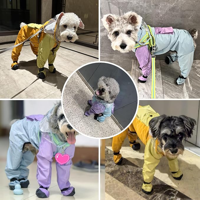 Full Coverage Small Dog Raincoat, 4-Leg Waterproof Jacket with Leash Hole & Backpack, Quick-Dry Pet Rain Gear for Teddy, Bichon, Schnauzer (Blue&Purple, X-Small(Suggest weight1.3-3.3lb))
