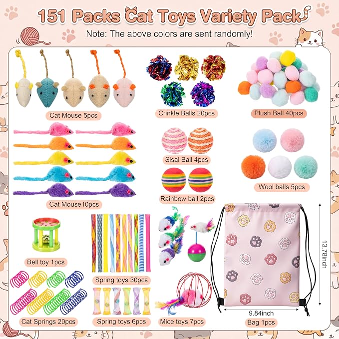 Leitee 151 Pcs Cat Interactive Toys for Indoor Cats Bulk with Gift Storage Bag Kitten Toys Stuff Gift Set Including Springs Mice Balls Bells Sisal Ball for Indoor Kitty Play Exercise (Bright)
