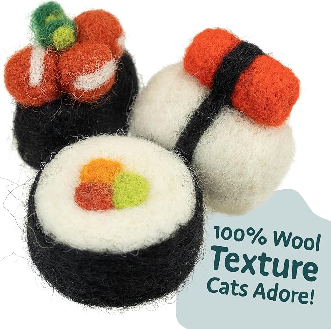Woolbuddy Wool Cat Toys (Sushi 9 PCS) for Indoor Cats & Kittens Catnip-Free | 100% Pure Wool Felt Interactive Cat Toys, Catnip-Free for Bored Cats, Teething Kittens, Redirect Cat's Destructive Energy