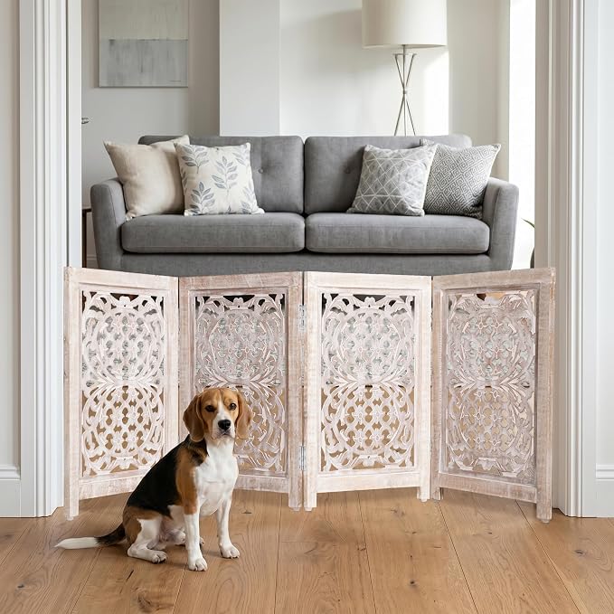 Lightnpro 4-Panel Carved Wooden Dog Gate with Stopper – 72 Inch Extra-Wide Foldable Freestanding Pet Barrier, White Wash Indoor Safety Fence for Small Dogs & Puppies – 24x18 Inch Panels