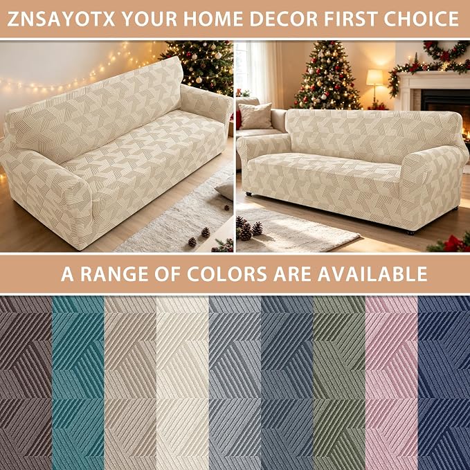 ZNSAYOTX Stretch Oversized Couch Covers for 3 Cushion Couch, 1-Piece Extra Large Sofa Cover Slipcover, Furniture Protector with Elastic Bottom Geometrical Jacquard Fabric (X-Large, Khaki)