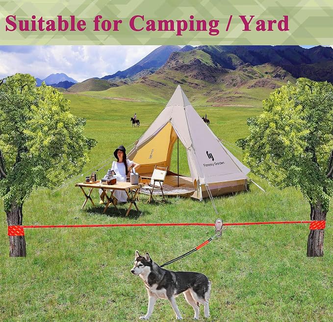 Dog Tie Out Cable for Camping, Dog Trolley System and 4ft Bungee Leash | Suitable for Dogs Up to 400lbs, Camping Yard andOutdoor Events