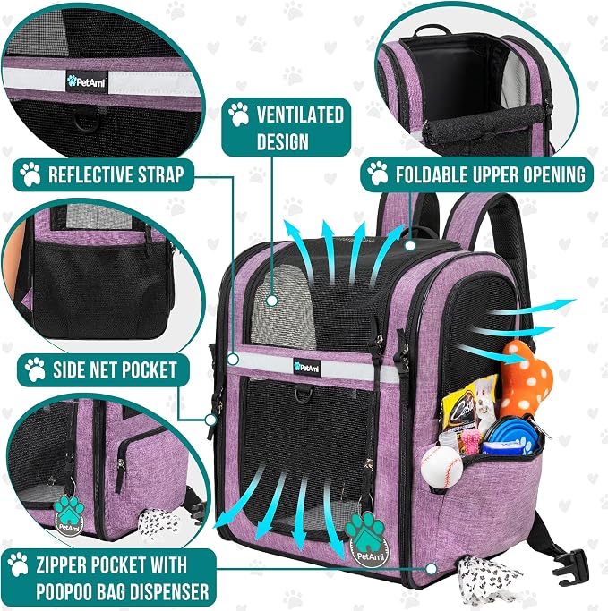 PetAmi Dog Backpack Carrier for Cats, 4-Way Entry Ventilated, 18lbs Max | Sherpa Bed Included, Foldable Load-In Top, Safety Reflective Strap, Breathable Mesh, Poop Bag Dispenser, Padded Back Support