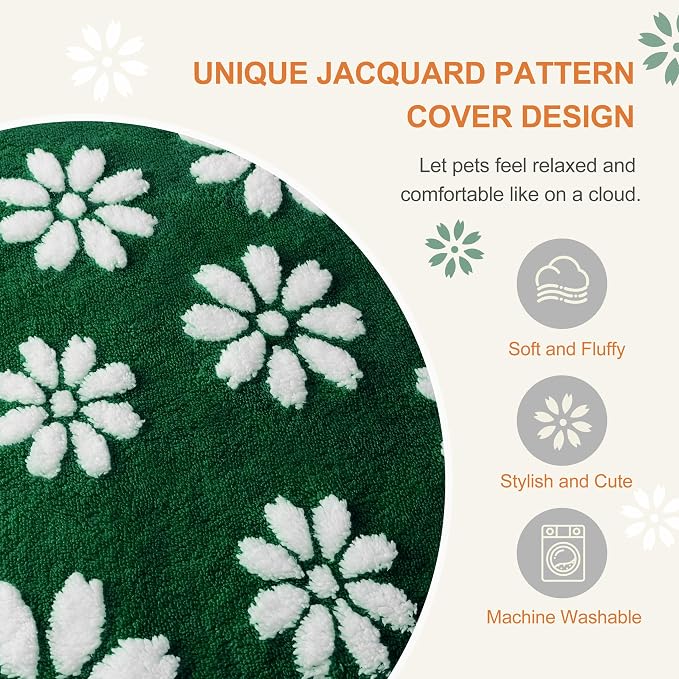 Cute Fluffy Dog Beds for Extra Large Dogs, 41"x 28", Green Flower | Thick Dog Bed for Crate Kennel, Pet Bed with Removable Washable Cover, Anti-Slip Bottom